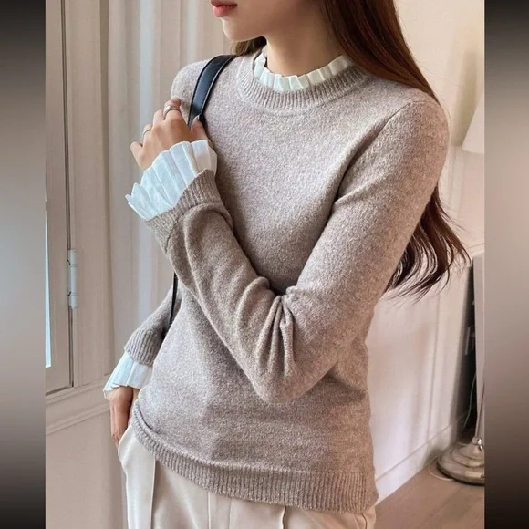 Light beige & white Contrast Trim ruffle Sleeve 2 in 1 style knit Sweater blouse - Picture 4 of 4